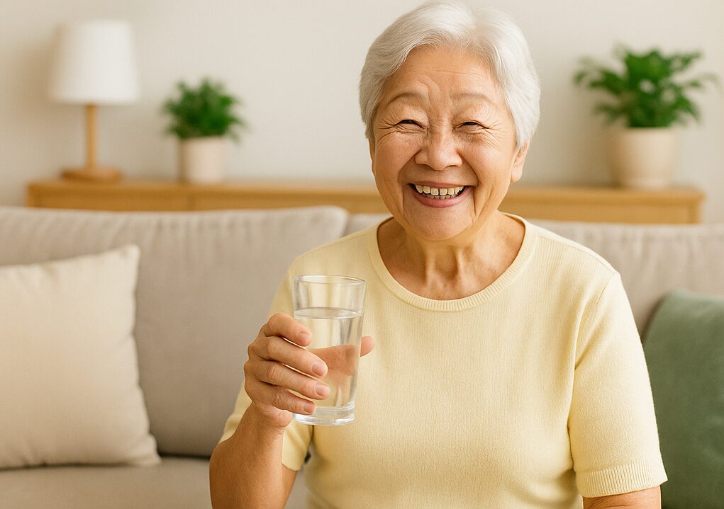 笑顔で水の入ったコップを持つ老女