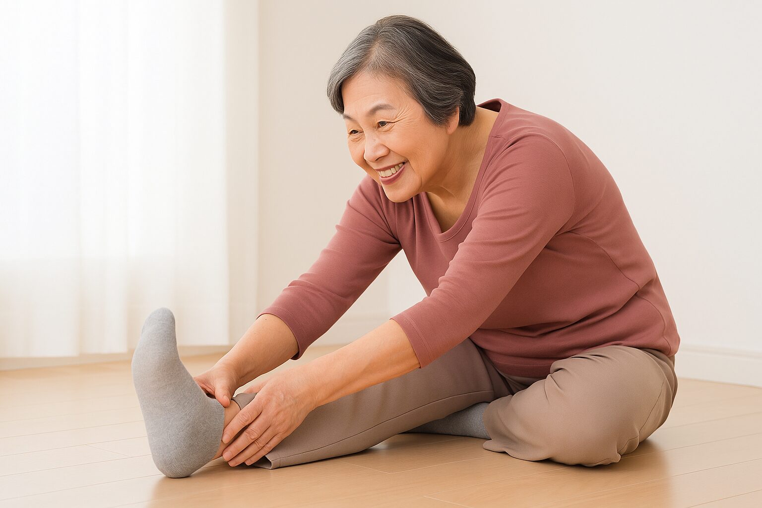 笑顔で柔軟運動をする高齢女性