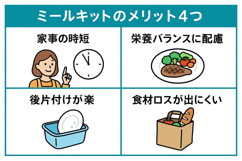 ミールキットのメリット（時短・栄養・片付け）イメージ
