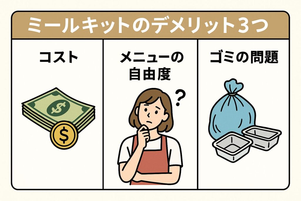 ミールキットのデメリット（費用・ゴミ・自由度）イメージ