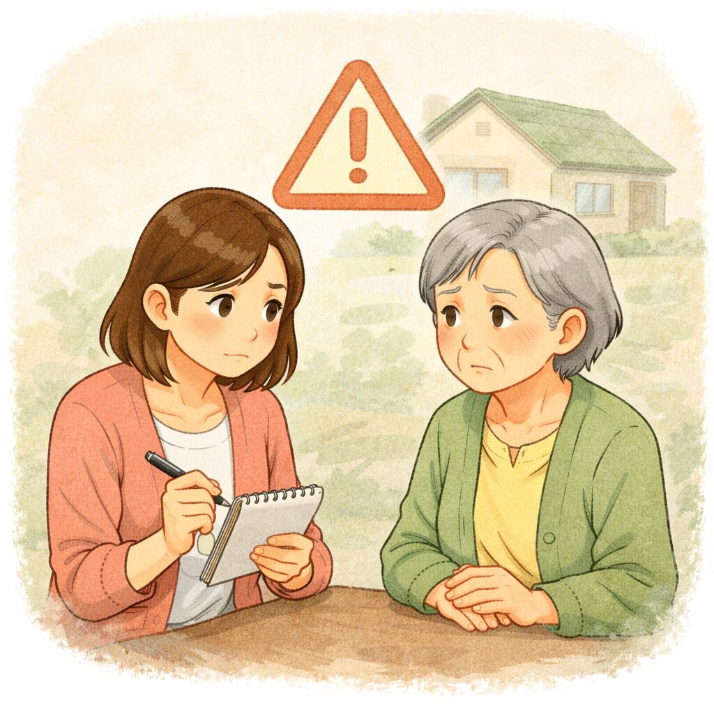 注意マーク＋家族 説明を聞いている高齢者 メモを取る娘