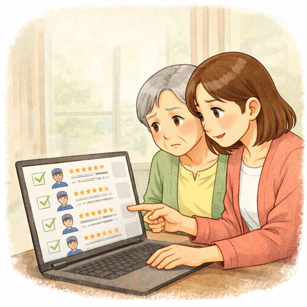 パソコンで業者を選んでいる チェックが並んだ画面 親子で画面を見ている